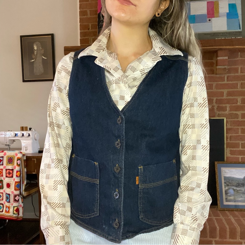 Vintage 1960s Levis Orange Tab Dark Wash Denim Pocket Vest Strauss & Com… - Picture 1 of 14